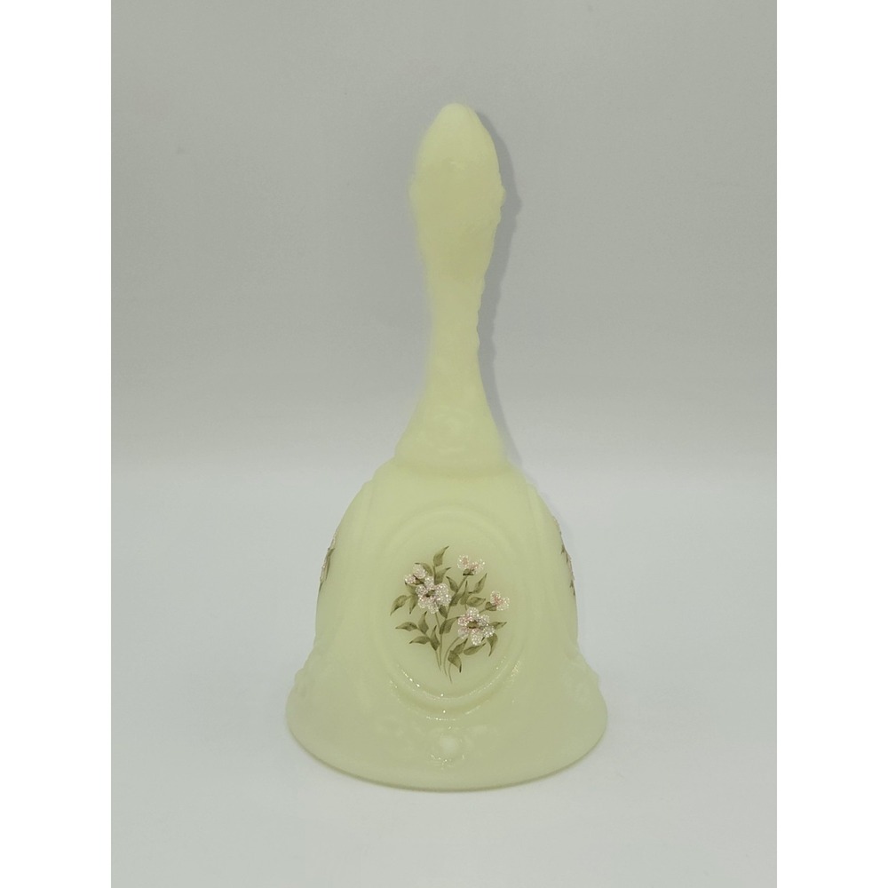 Fenton Custard Uranium Glass Bell Hand Painted Floral Satin Glass 6.5"